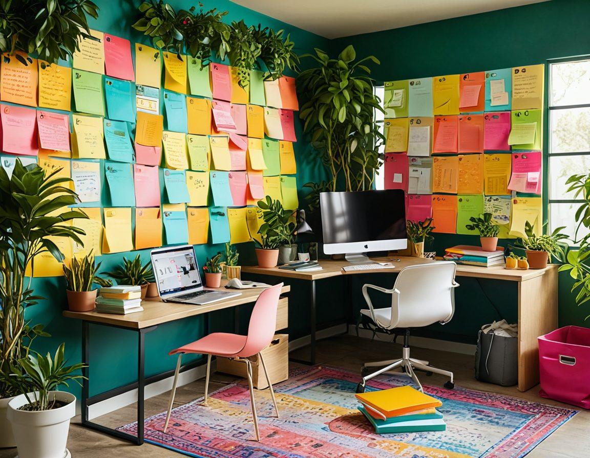 A vibrant digital workspace filled with colorful post-it notes, organized folders, and glowing screens displaying cheerful graphics. Illustrate a group of diverse individuals collaborating joyfully, surrounded by plants and bright sunlight. Capture a sense of satisfaction and contentment through their expressions and the harmonious environment. Use a modern, upbeat style with vivid colors that evoke positivity. super-realistic. vibrant colors. 3D.