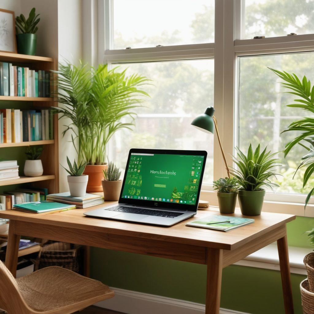 A serene and colorful workspace featuring organized shelves, cheerful potted plants, and a laptop displaying a bright, inviting website. Incorporate soft sunlight streaming through a window, casting gentle shadows and highlighting neatly arranged stationery. Include elements of digital technology harmoniously blended with nature. vibrant colors. super-realistic. cheerful atmosphere.