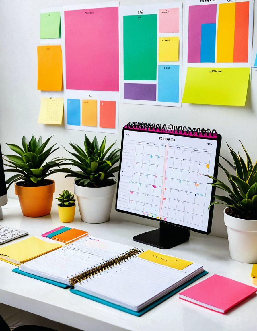 A vibrant workspace featuring a colorful digital planner on a sleek desk, surrounded by cheerful stationery like sticky notes and bright pens. Add a glowing light bulb above representing creative ideas, and a cheerful plant for a touch of nature. The background should include abstract patterns symbolizing organization and positivity. super-realistic. vibrant colors. white background.